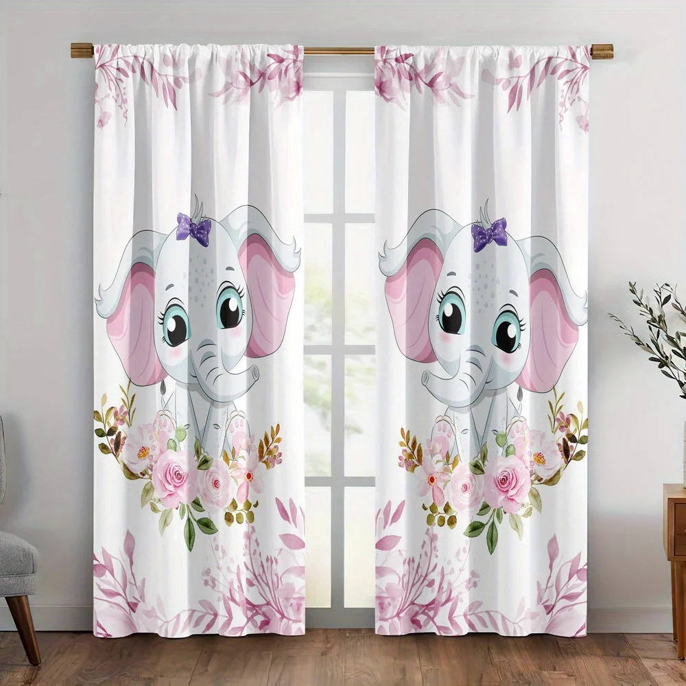 Cute Pink Floral Elephant Nursery Curtains Kids Room Window Drapes Boho Style Baby Shower Backdrop Panel Curtains for Girls
