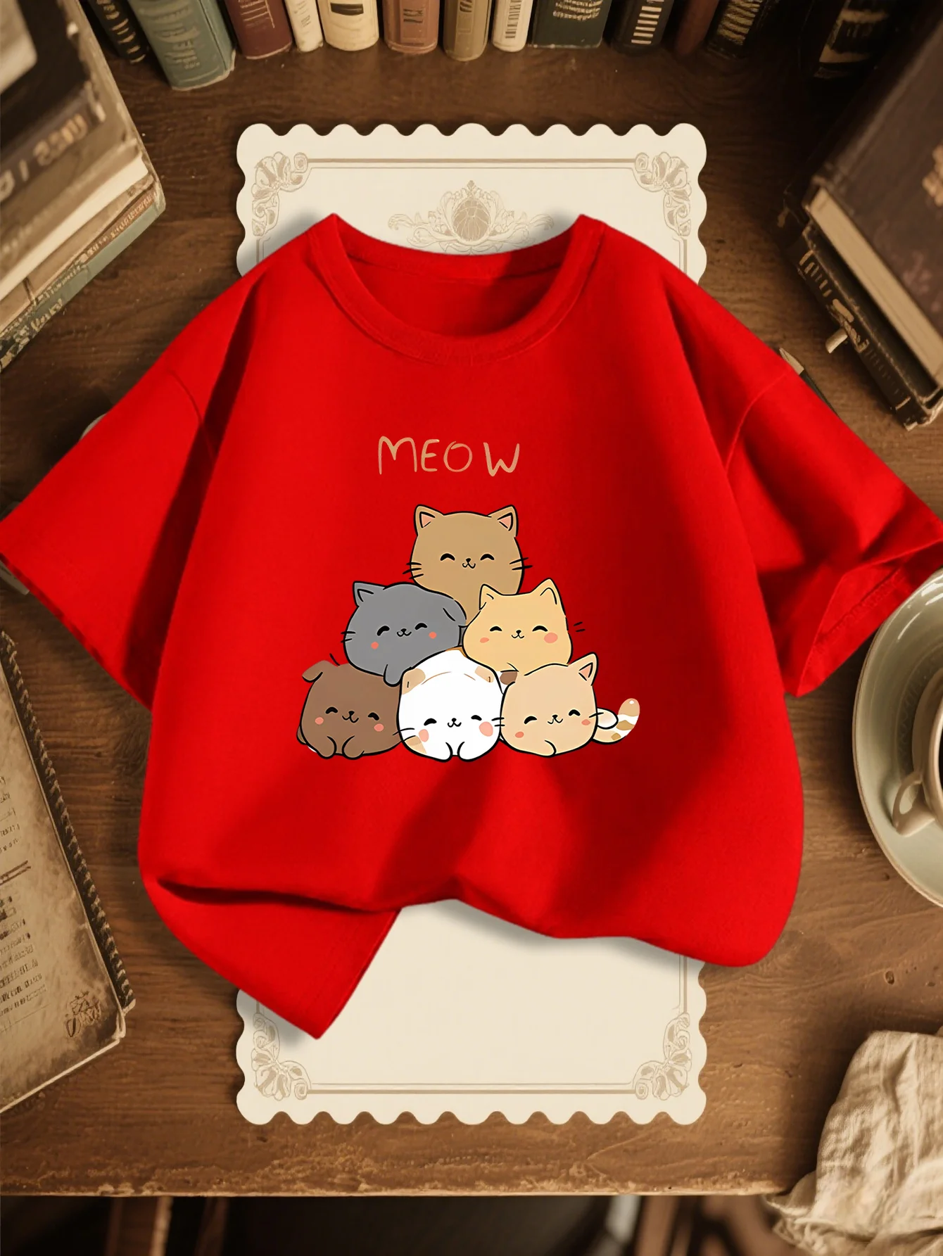 Family Matching T Shirt Stacked Cute Kittens Meow Letter Print Boys Girls Cotton Short Sleeve Parent Kid Lovely Pet Casual Tops