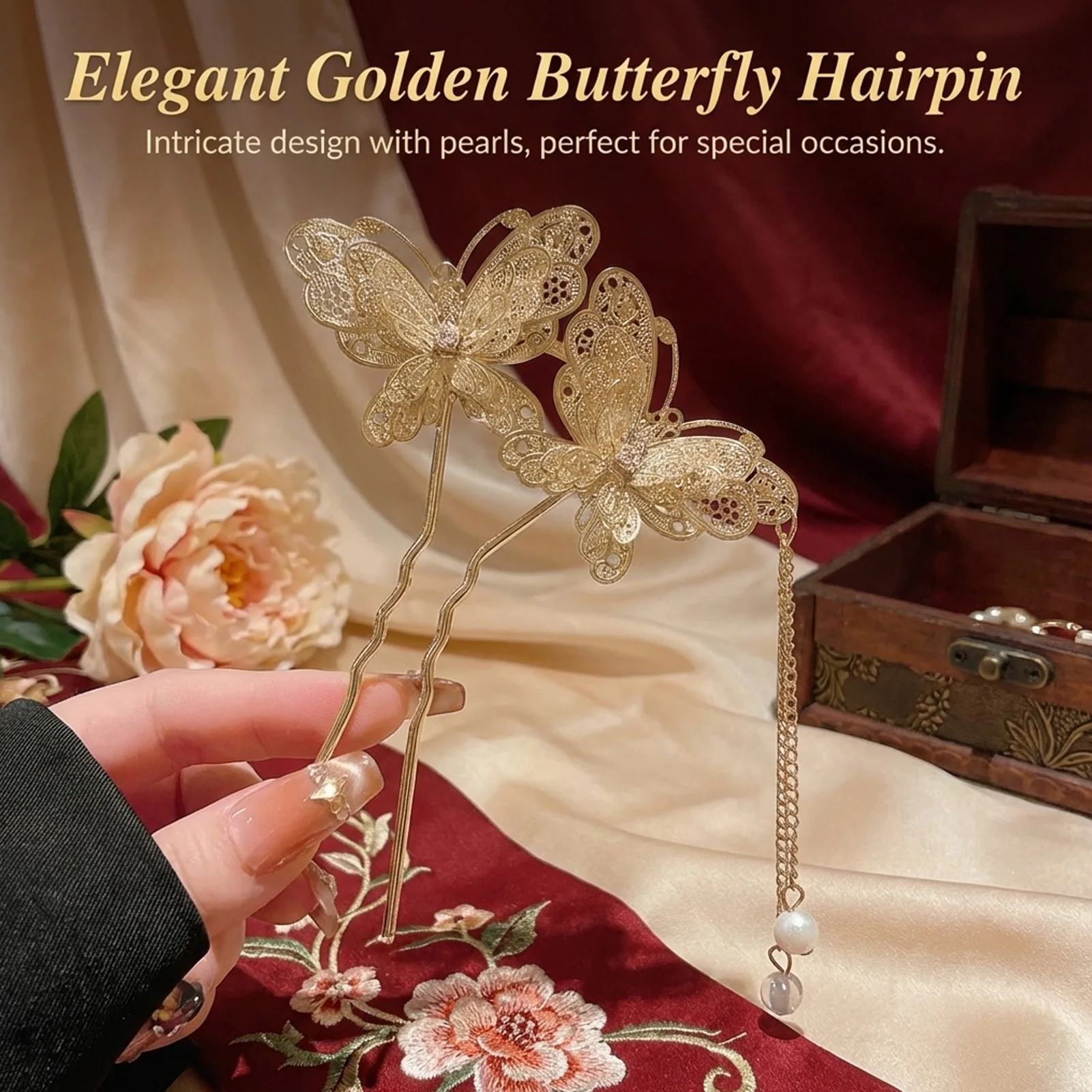 Neo Chinese Double Butterfly Tassel Hairpin Elegant Alloy Vintage Chinese Style For Wedding Party Daily Retro Outfit Women view 2