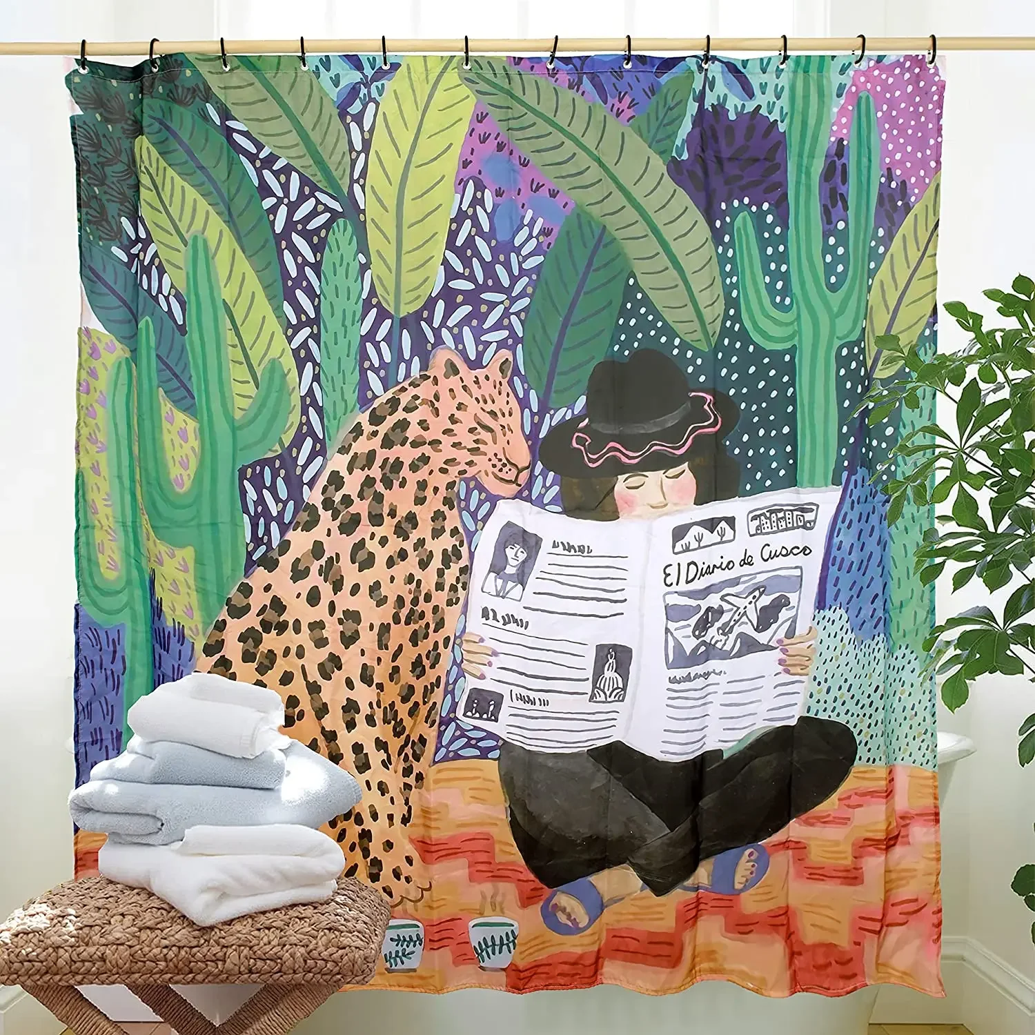 Tropical Green Watercolor Leaf Art Cartoon Leopard Cheetah Tiger Girl Anime Cool Aesthetic Shower Curtain Bathroom Accessories