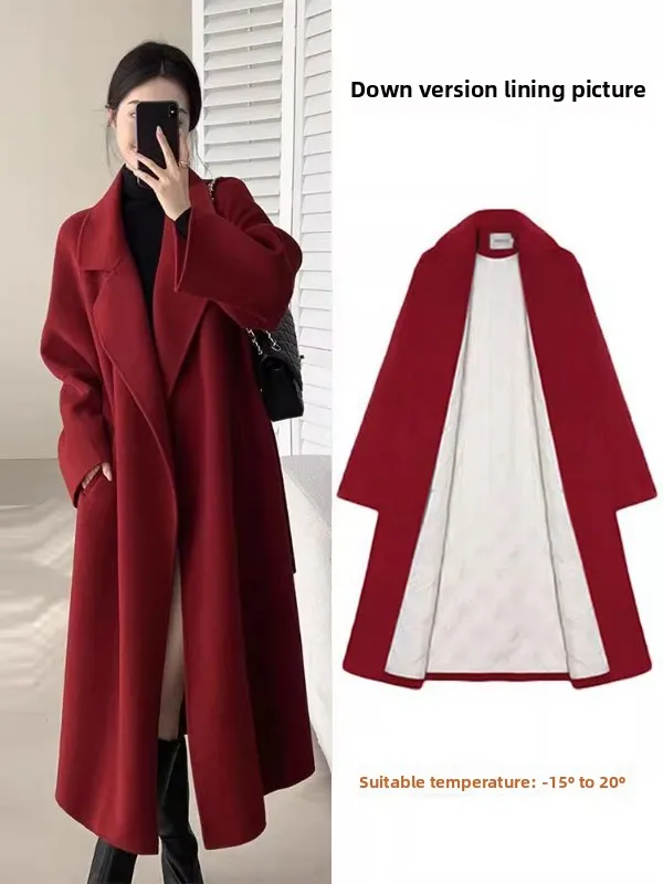 

Red Korean Sle Woolen Coat Women's Loose Fit Autumn Winter Faion Outerwear Straight Cut oulder Length Long Sve