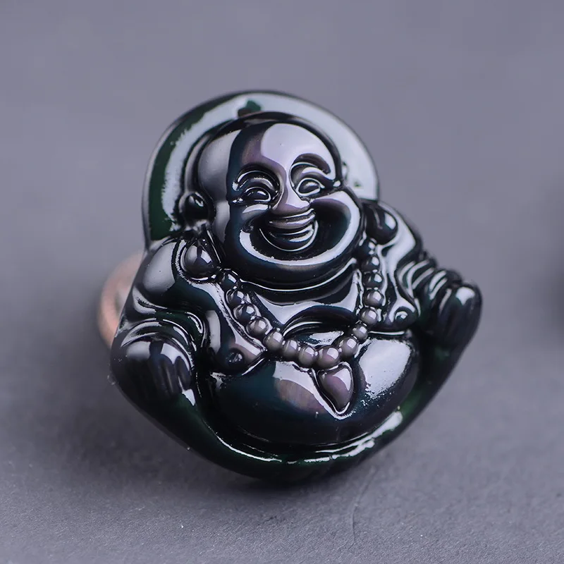 Pendentif de Bouddha Maitreya en Obsidienne pour Homme et Femme, Bijoux en Clip Naturel, Grand Ventre, Pull