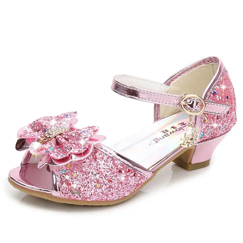 

Children Princess Sandals Kids Girls Wedding Shoes High Heels Dress Shoes Bowtie Purple Pink Blue Silver Shoes For Girls