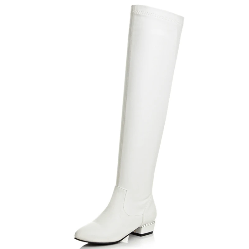 Slim Thigh High Women's Boot Low Heels Autumn Spring Knee High Boots Casual Tall Black White Ladies Winter Shoes Elegant image 5