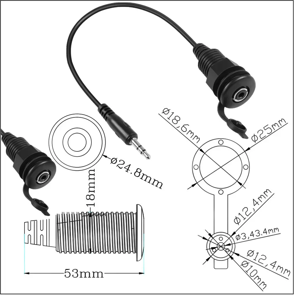 Cable impermeable de 3,5mm, adaptador estéreo de montaje integrado de 1/8 macho a hembra, enchufe TRS de 3,5mm a conector, Cable de montaje para auriculares de 0,3 M