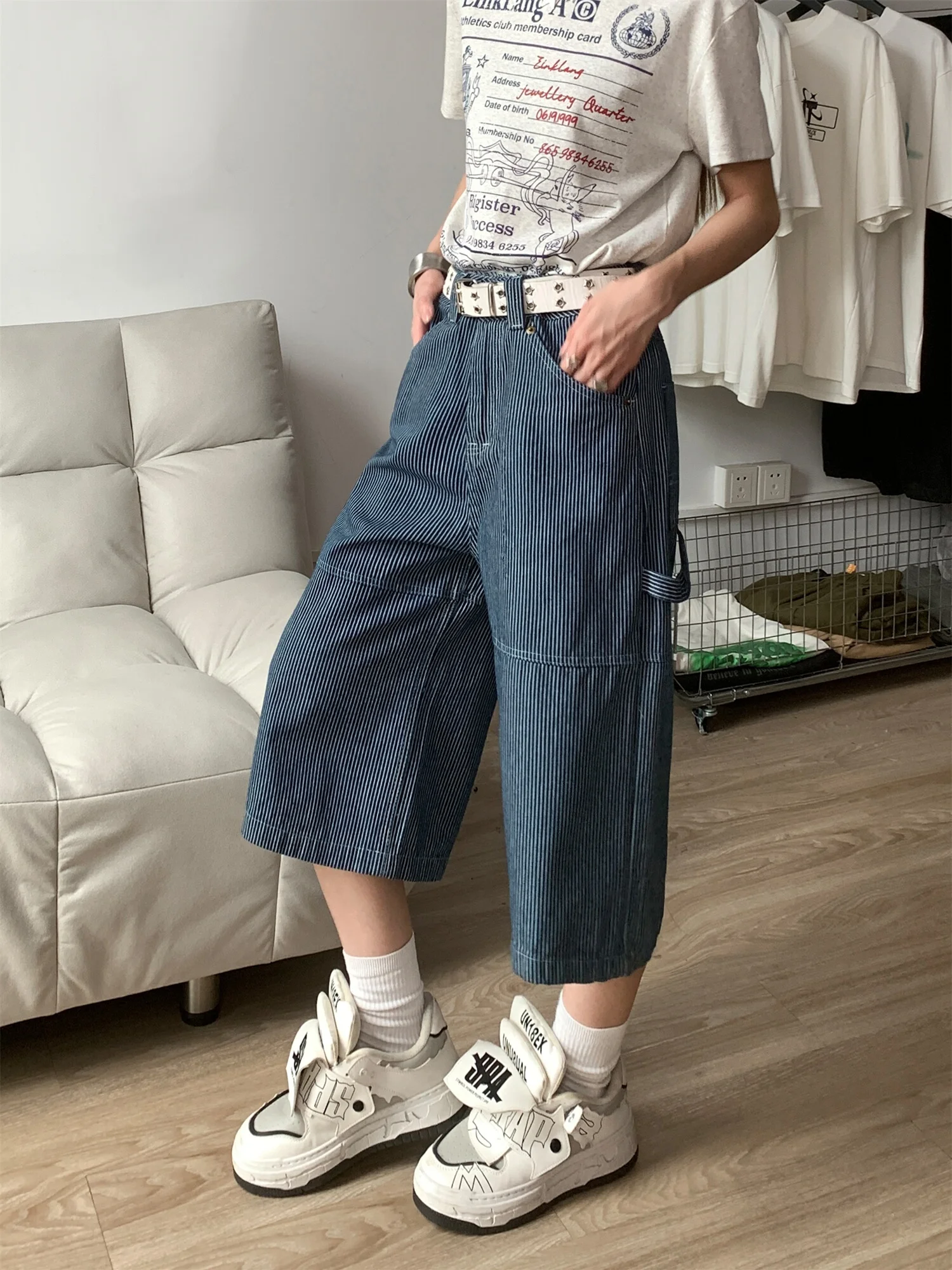 

Cool Casual Loose Straight Leg Stripe Color Blo Five-Point Summer orts for Young Women High Waist l Waist Wide Leg