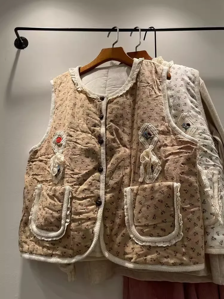 Mori kei roupas estilo japonês colete acolchoado de algodão doce para mulheres outono inverno renda remendo casaco sem mangas