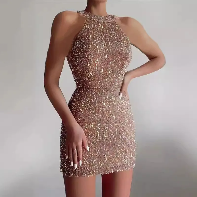 Damenbekleidung, Partykleider, 2025, neue Mode, Neckholder, sexy Kristallquaste, hüftbedeckendes Paillettenkleid, mittlere Taille, Abendkleid