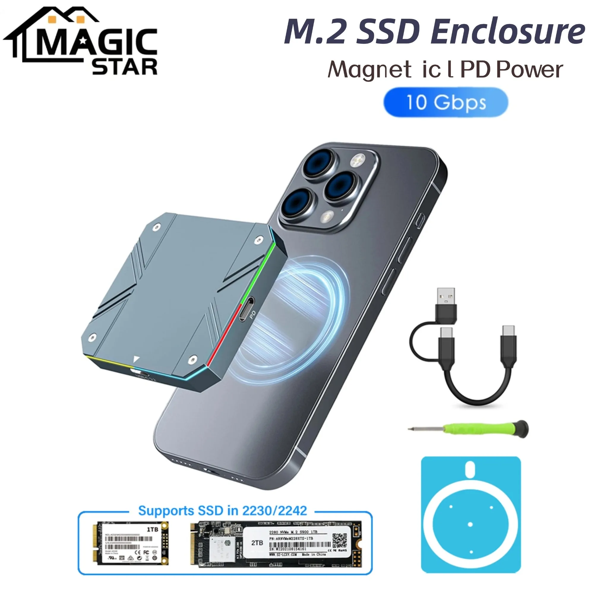 

Magnetic M.2SSD shell NVMe2230/2242hard disk box USB C 3.2 10Gbps high speed，for laptop solid state hard disk external converter