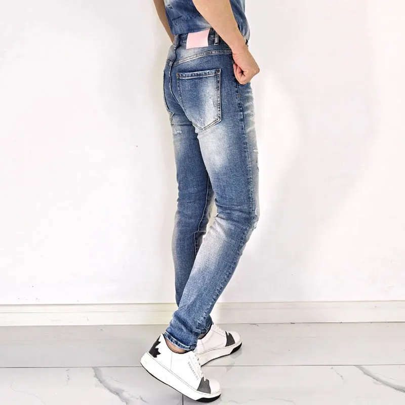 Fashion New High Quality Men's Jeans, Washed, Nostalgic,Y2K Elastic, Slimming, Scratched, Blue Jeans, High Street Hip Hop