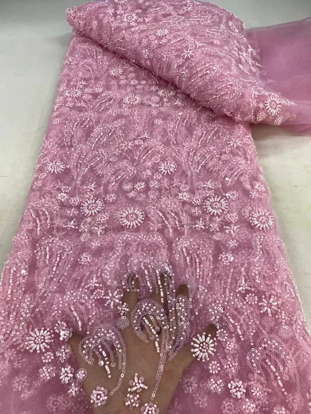 Luxury African Sequins Beaded Lace Fabric 2025 High Quality Lace 5 Yards Pink French Lace Fabric Nigerian Lace Fabrics Party