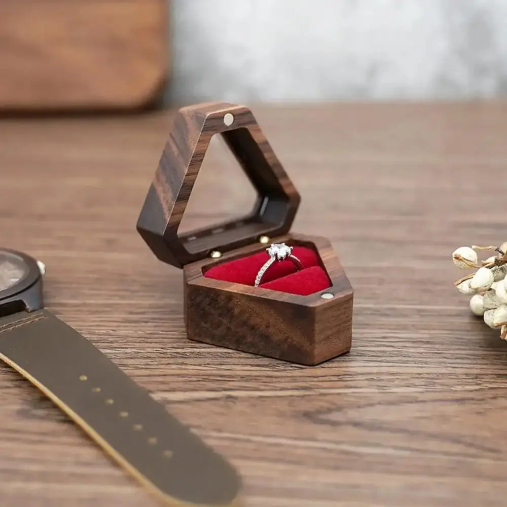 

Elegant Wooden Wedding Ring Box Single Slot Velvet Finish Gift Box Triangle Shape Jewelry Storage Box Gift