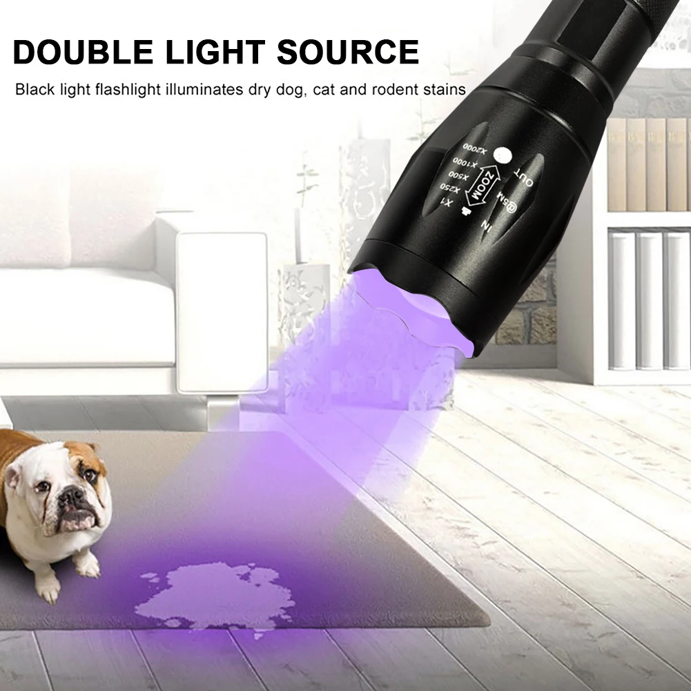 150LM XPE+UV Mini Zoomable Flashlight White+Purple Light 2 Gears Outdoor Portable 395nm Backlight Ultraviolet Torch