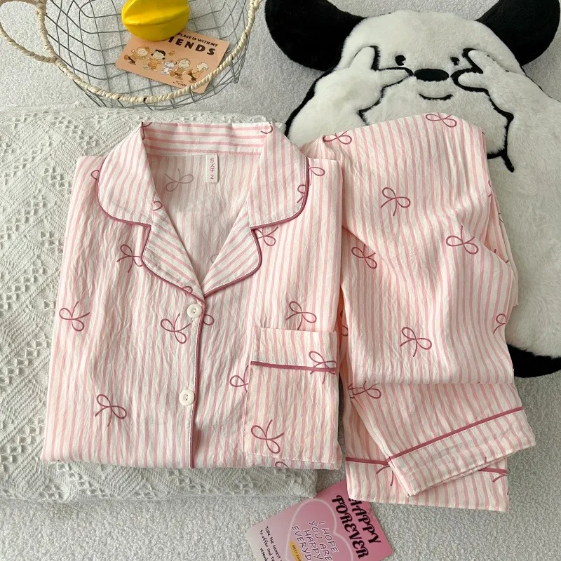 Pink Strip Bow Dtie Design Women's Pajamas Short Sleeve Top & Elastic Waist Pants Pajamas Set Harajuku Style Casual New HomeWear 4