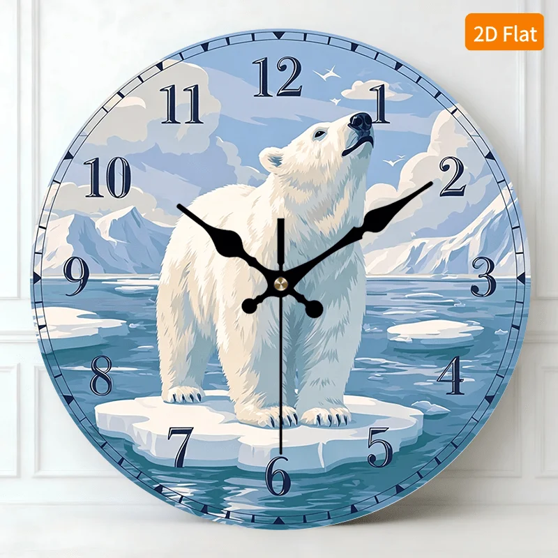 2D Flat. 1pc, Polar Bear Glacier Theme Wooden Wall Clock Silent Round Timepiece, Perfect Decor for Bedroom, Living Room