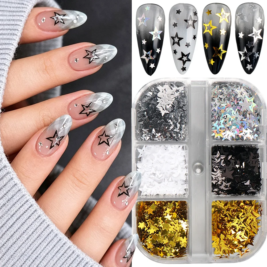 6 Grids Mini Star Nail Glitter Sequins Golden Silvery Black White Laser Mixed Size Five Pointed Star Flakes Y2K Nail Deorations