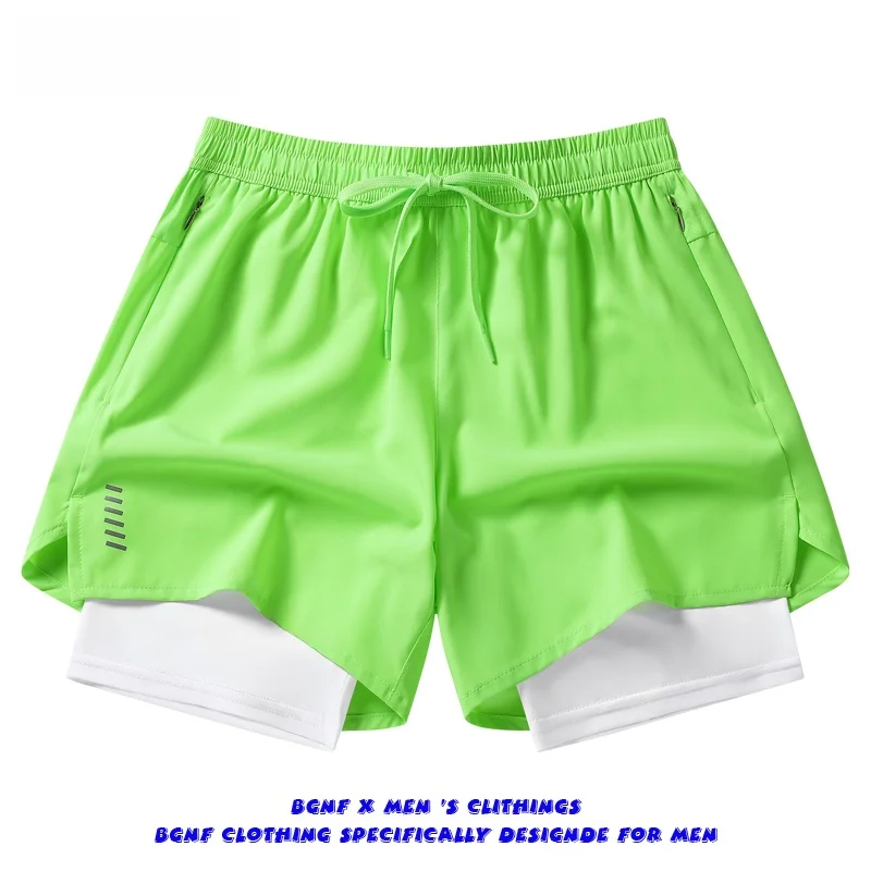

Quick Dry Ice Silk Shorts Men's Summer Thin Sporty Fitness Training Basketball Three-Point Pants Green Fluorescent Two-Piece Set
