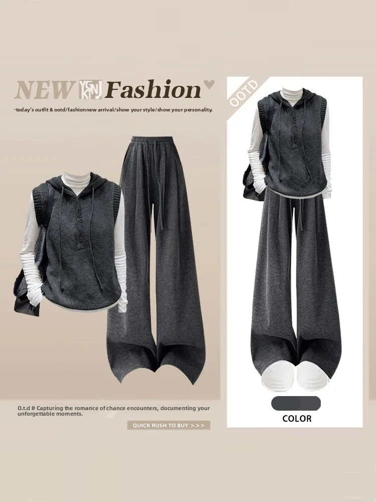 

Laid-ba Knitted Hooded Vest Wide Leg Pants Tee-piece Set Winter Faion Slimming Age-defng Sli Ensemble for Women