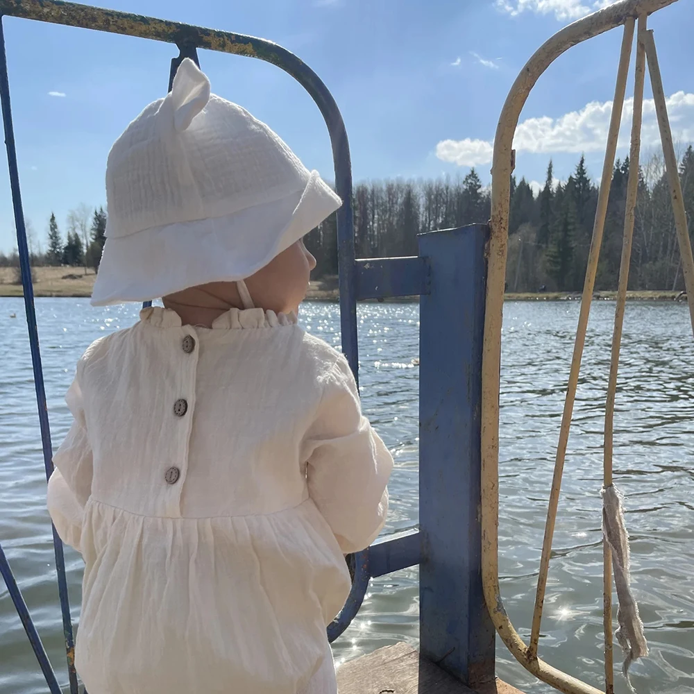 Musselin Baumwolle Baby Hut Sommer Säuglings Kappe Panama für Kinder Weiche Baby Sonnenhüte Mädchen Jungen Eimer Hut Zubehör Kinder 3-12M – Detail 3