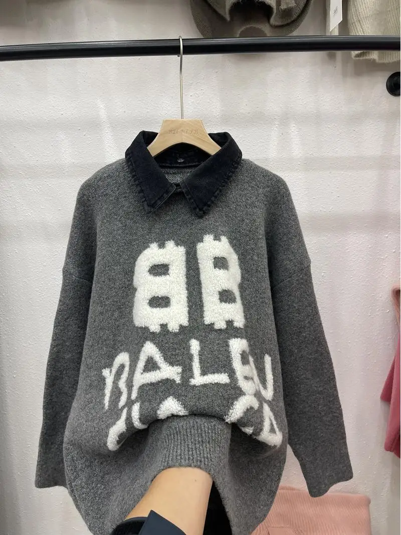 

Thiened Denim Collar Splicing Knitted Sweater Women's Autumn Winter Middle School High School Students Big Children Base irt