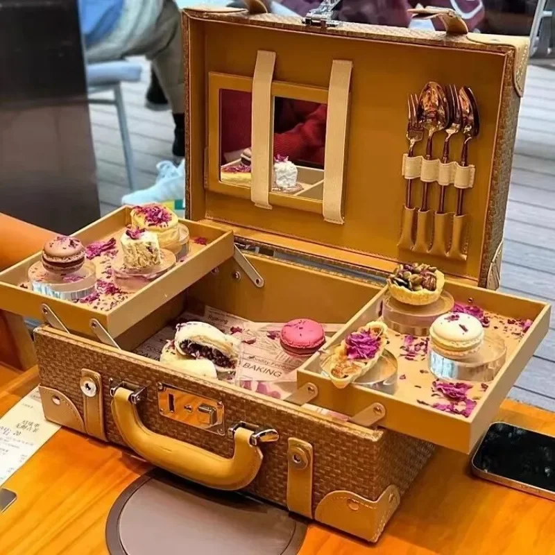 Dessert afternoon tea pastry double open retro heart mousse suitcase woven tableware storage box display box