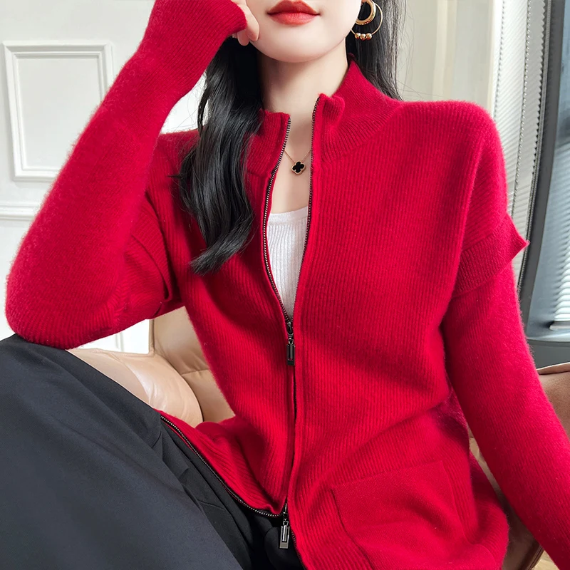 

High-Density Warm Wool Cardigan Women Stand Collar Commuter Double Zipper Knit Coat Sleeve Flower Top Autumn and Winter Sweater