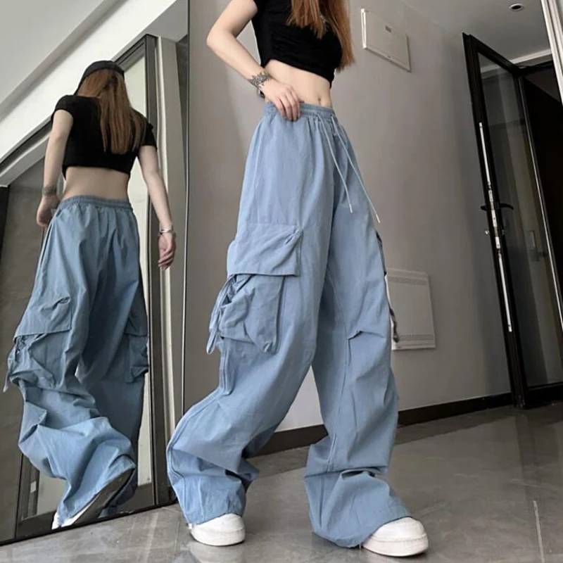 Women Streetwear Y2K Cargo Pants Retro Harajuku Casual Trousers Korean Big Pockets Loose High Waist Female Solid Pants New