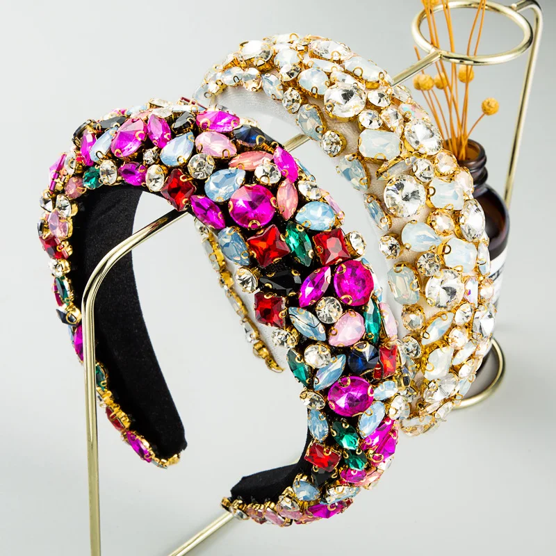 

New Baroque rhinestone headband women's geometric wide edge full diamond color thickened sponge party catwalk headdress