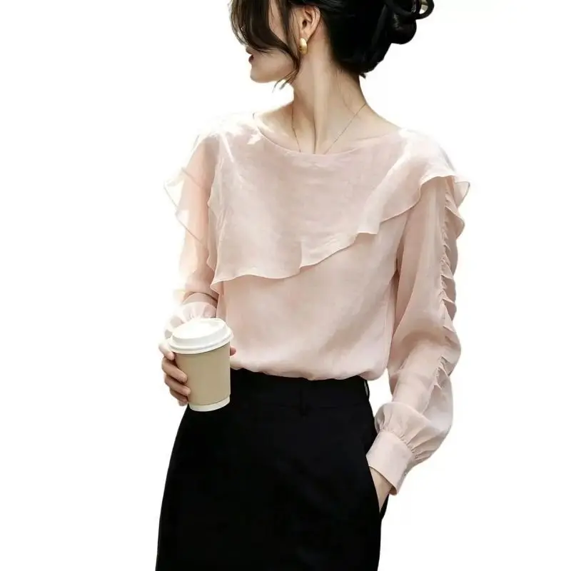 Elegant Ruffles Solid Simplicity Long Sleeve Shirt Tops Women Clothing New Thin Temperament Blouse Office Fashion Spring Autumn