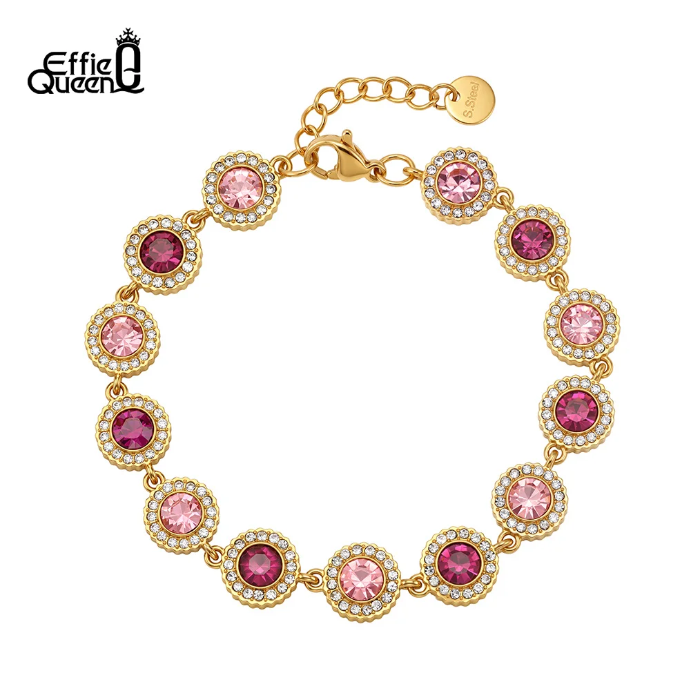 EFFIE QUEEN Stainless Steel Pink Tennis Bracelet 18K Gold Plated Multi Color Round Zircon Bracelet Wedding Fashion Women STKB35