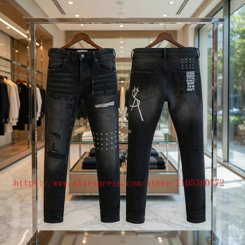 

Новинка 2026: Мужские черные рваные джинсы с эффектом потертости, зауженные, с принтом, облегающие, из денима, повседневные брюки в уличном стиле