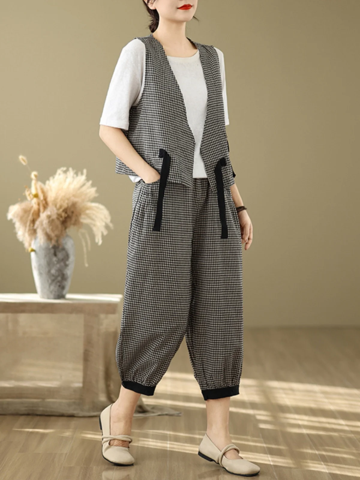 

Faionable Cotton Linen Plaid Loose Lantern Pants V-Ne Vest Two-Piece Set Casual Patchwork Color ket Belted Women's Wear
