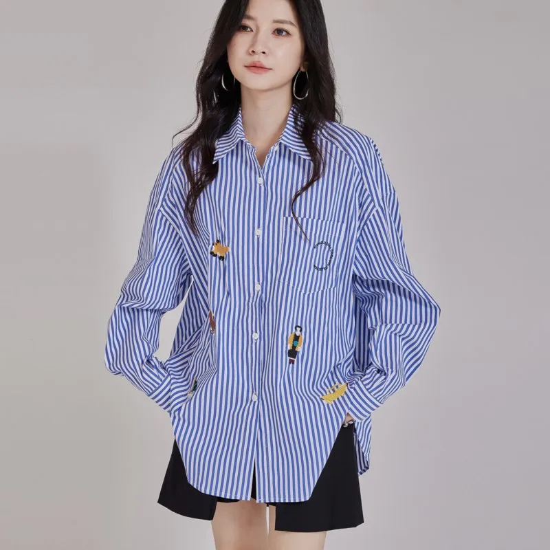 

Johnature 2023, осенняя новая полосатая рубашка с мультяшным узором и вышивкой букв, повседневные универсальные свободные женские рубашки с лацканами