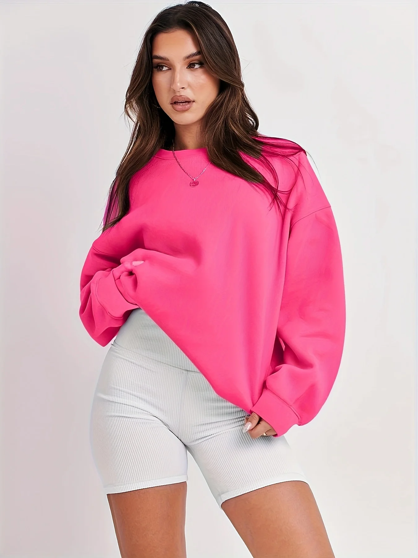 plus size European and American cross-border new oversized women\'s loose solid color hoodie long sleeved round neck pullover top