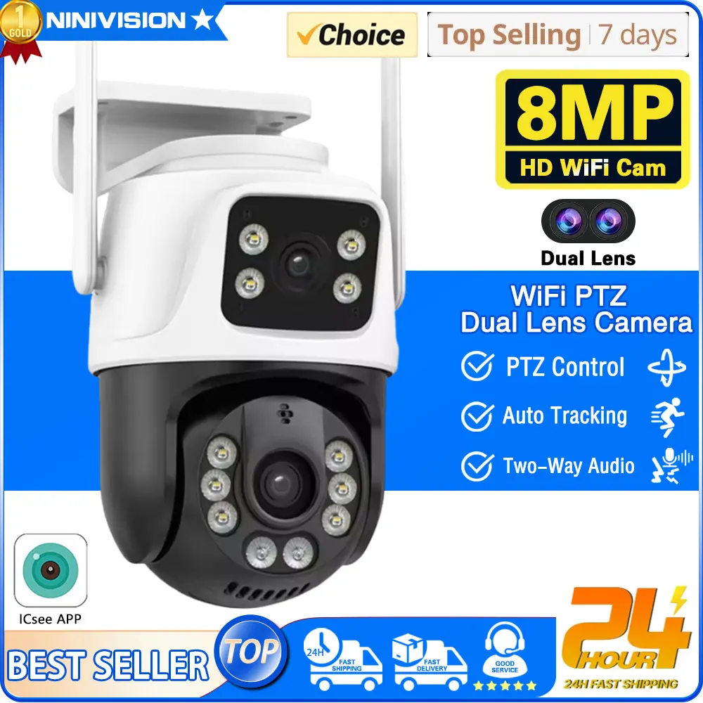 

4K 8MP Outdoor Wireless Security Camera Dual Lens Dual Screen AI Human Detect Auto Tracking PTZ Wifi Survalance Camera iCSee App