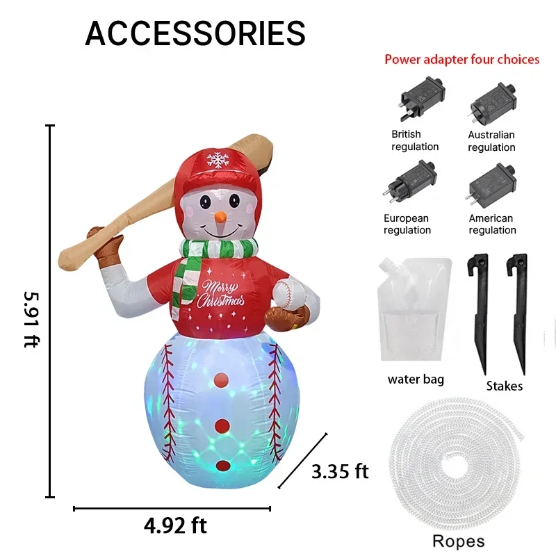 1.8M/6FT Pupazzo di neve da baseball Decorazioni natalizie per la casa Giocattoli gonfiabili con luci a LED Ornamenti natalizi per feste Decorazioni fai da te