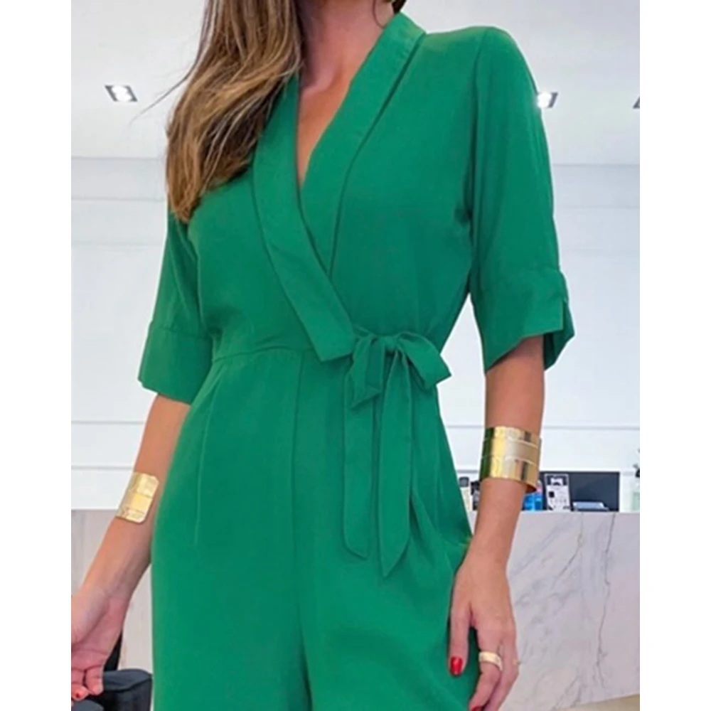 Summer Autumn Women V-Neck Lace Up Waist Half Sleeve Wide Leg Elegant Jumpsuits Lady Green Jumpsuit Workwear Free Shipping Items