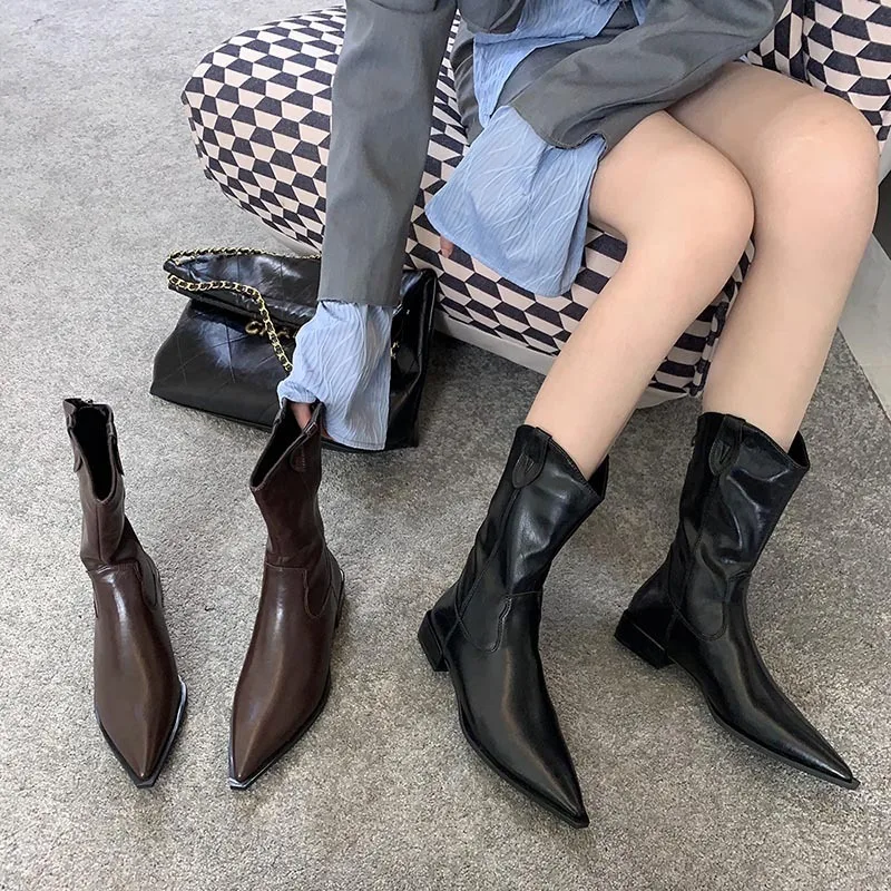 Knight boots British pointed slimming 2025 autumn and winter new item thick heel loose single boot women's boots children's mid