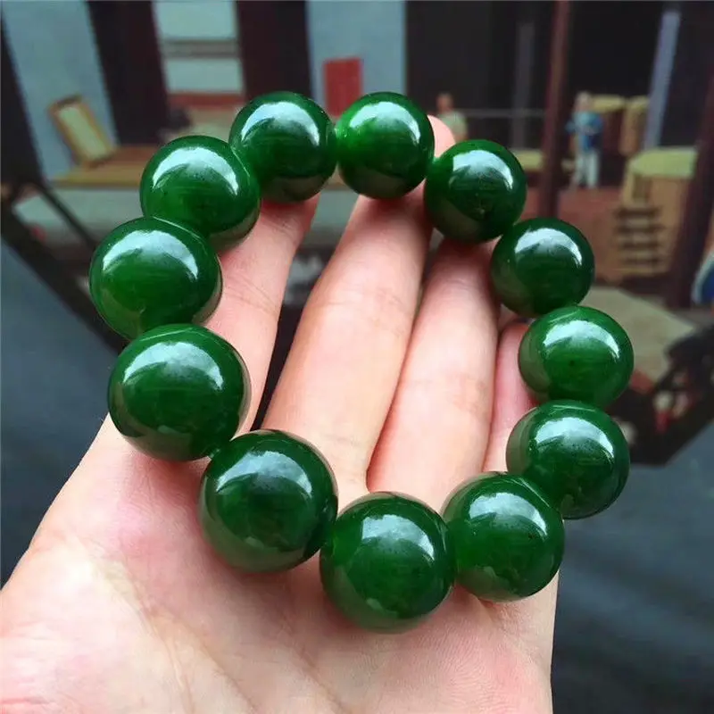 Hetian Large Round Bead , Men's Style, Lucky Charm Green Jade Bracelet Collecti