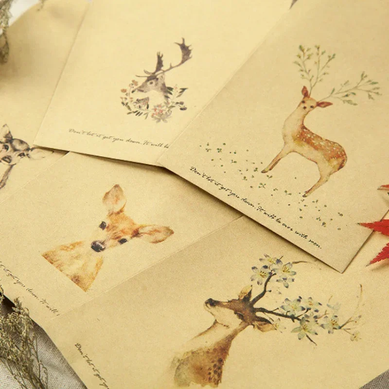 10pcs 귀여운 숲 사슴 봉투 종이 엽서 인사말 카드 레트로 미니멀리스트 편지지 학교 용품 파티 선물 봉투