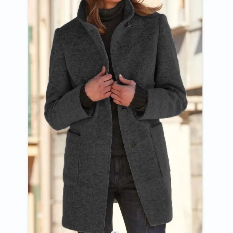 Autumn Winter Vintage Long Sleeve Single Breasted Pocket Slim Fit Jacket Outwear Women Stand Collar Woolen Coat