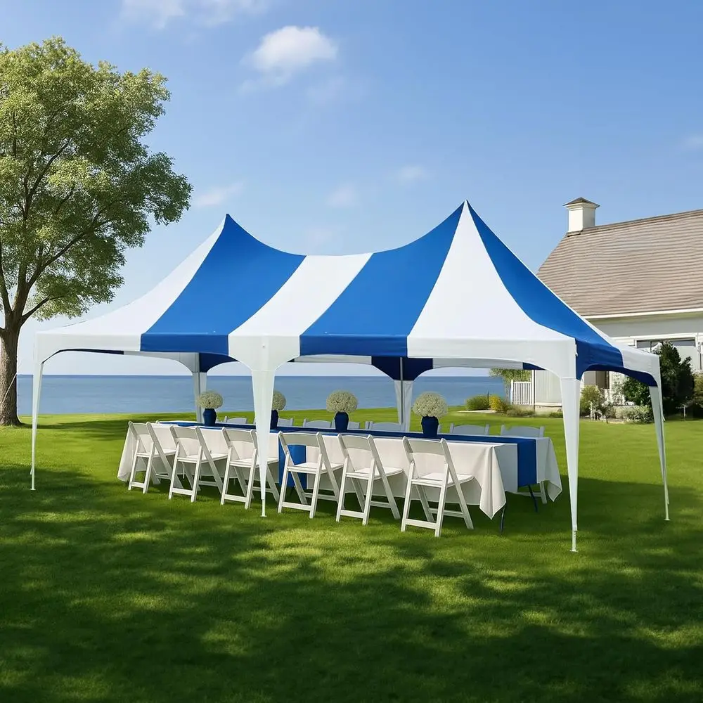 Heavy-Duty 13x26ft Double Peaked White Wedding Tent, 60-Person Outdoor Pavilion Shelter for Events, White & Blue