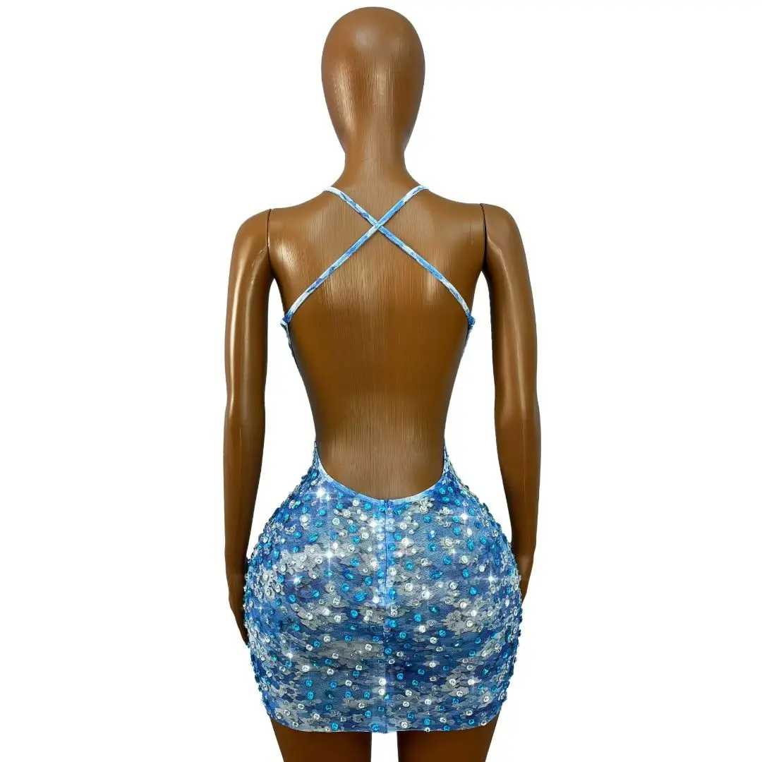 Lanmeiguojiang Luxury Two Tone Blue Silver Sequin Short Dress Halter Deep V Neck Sleeveless Birthday Nightclub Outfit