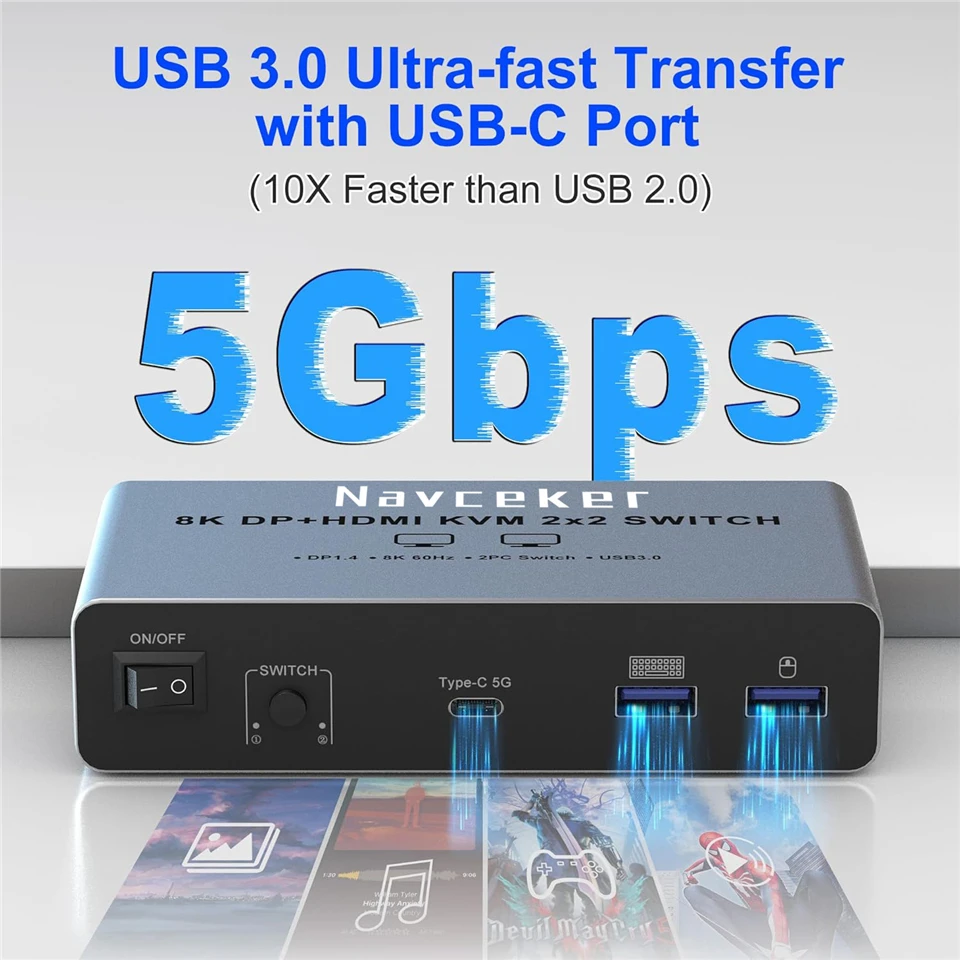 Navceker 4K 240Hz 2x2 HDMI DP KVM 스위치 듀얼 모니터 확장 디스플레이 USB KVM 스위처 2 in 2 out for 2 컴퓨터 2 모니터 썸네일 5
