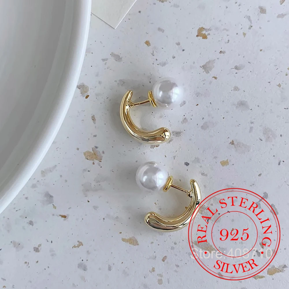 

925 Sterling Silver Jewelry Luxury Geometric Pearl Stud Earrings for Women Wedding Party Jewelry for Girls Friend Gift