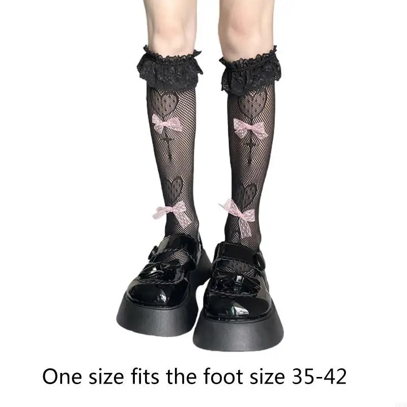 195E النساء لوليتا شبكة صيد السمك فوق جوارب الركبة القلب مصاصة الجاكار جوارب Bowknot