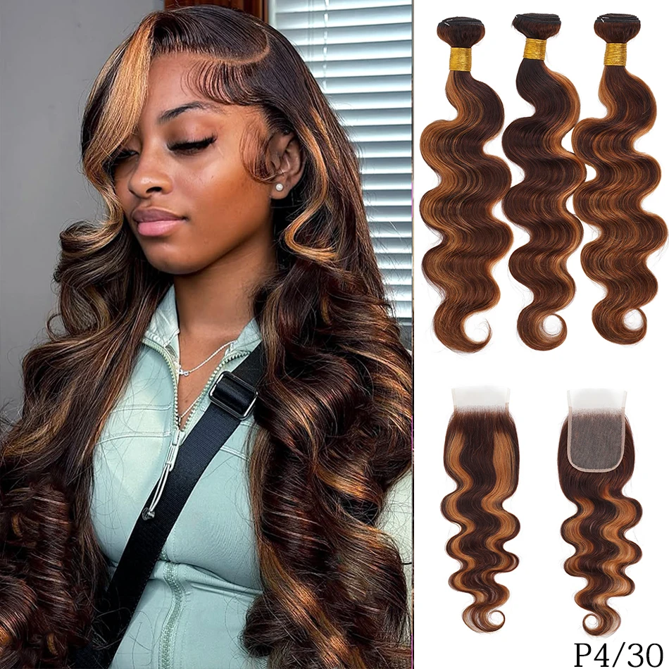 100% شعر بشري عسلي أشقر تسليط الضوء على الجسم موجة 3 حزم مع إغلاق 12A البرازيلي أومبير براون 4x4 HD الدانتيل إغلاق مع حزمة