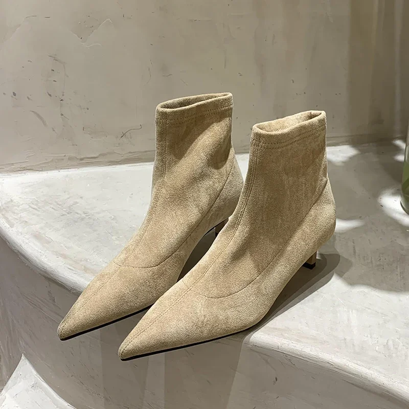 Women Ankle Boots Suede Pointed Toe Heels Shoes New Fashion Chelsea Boots Brand Autumn Winter Dress Pumps Trend Snow Botas Mujer