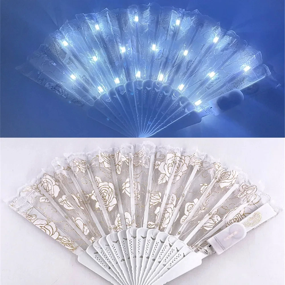 LED Glowing Fan Lace Folding Plastic Fan Dance Wedding Hand Fans Birthday Party Gift Holiday Decor Light Up Party Props