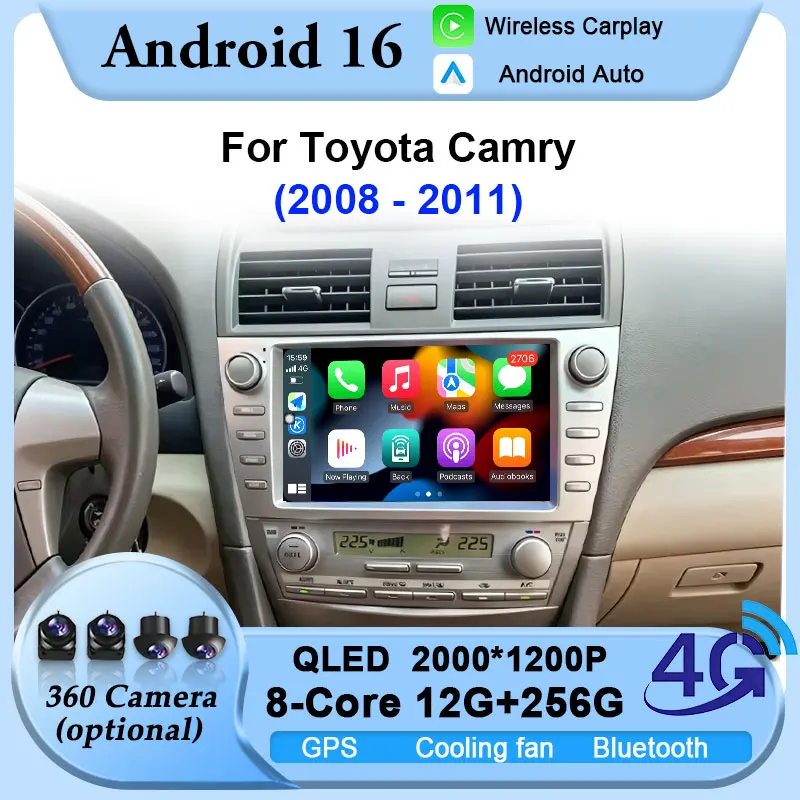 Wireless CarPlay for Toyota Camry 2008 2009 2010 2011 Car Radio Auto GPS Multimed Player 4G WiFi BT Split Touch Screen QLED IPS